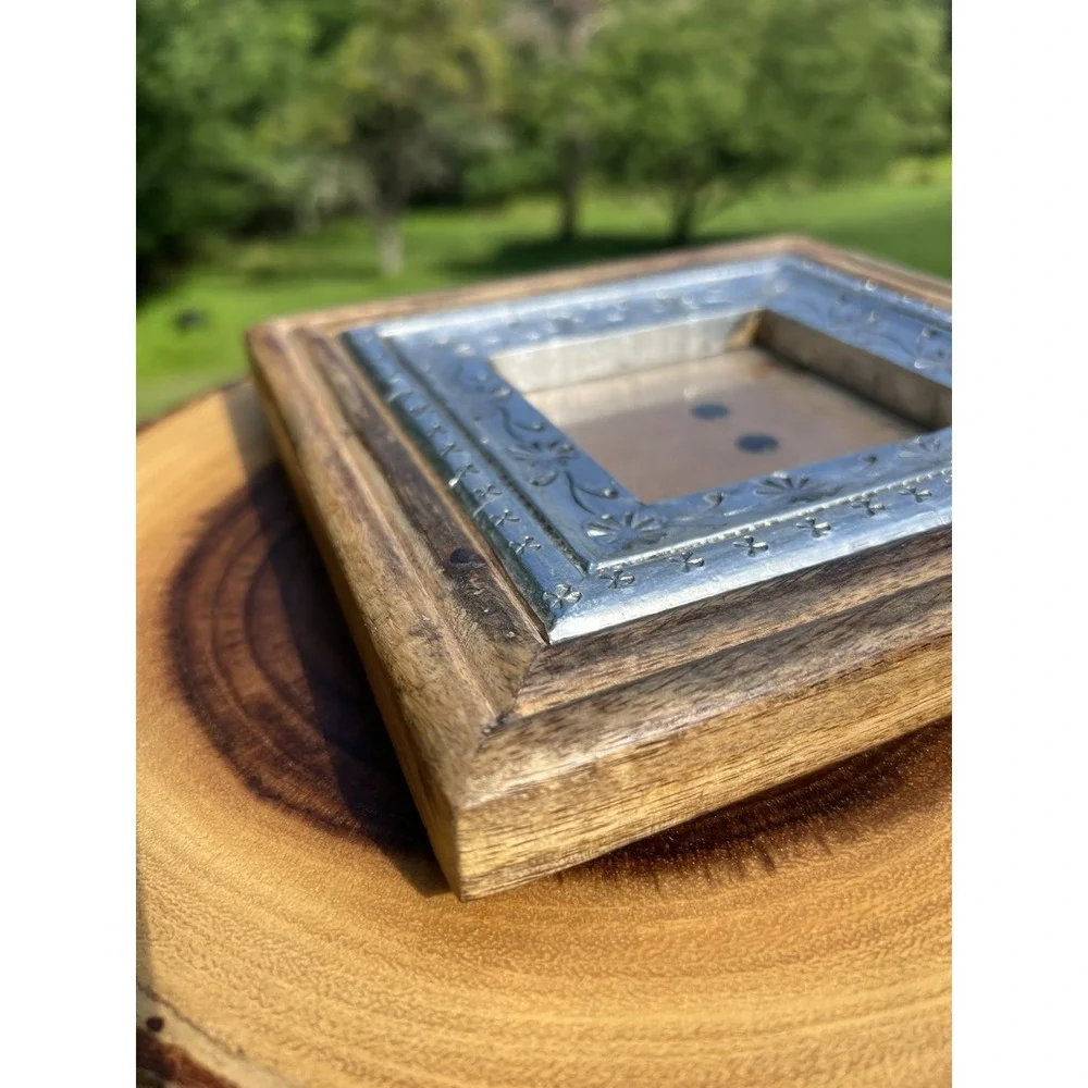 Leo Arts India 8x8 Mango Wood 4x4 Picture Frame Silver Embossed Rustic Boho